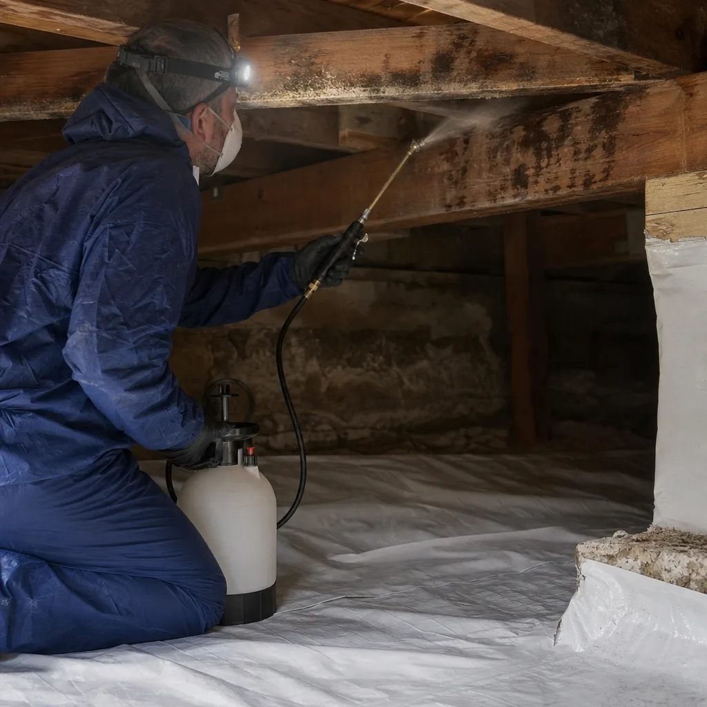 Professional technician performing mold remediation treatment on wooden floor joists