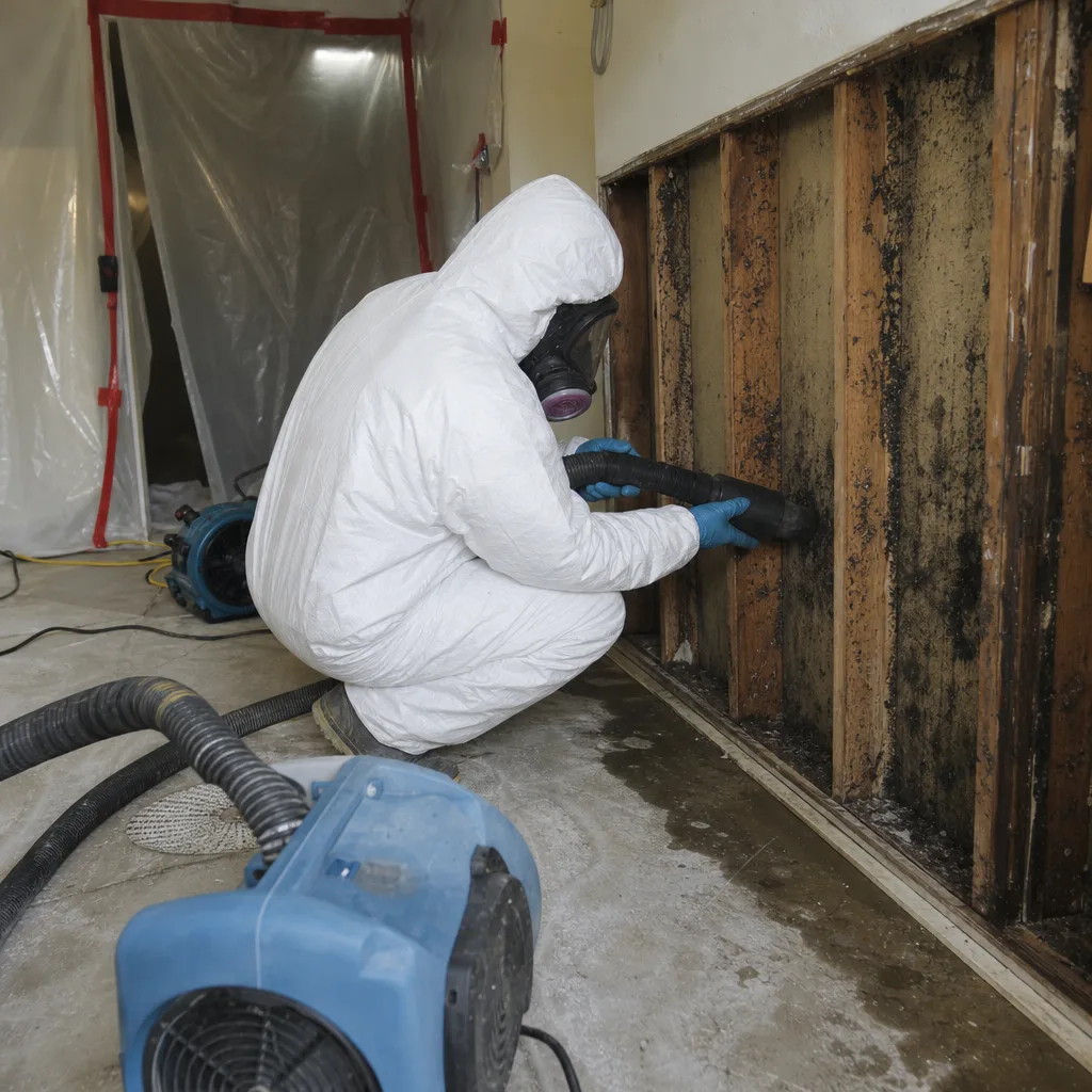 Technician in hazmat suit performing professional mold remediation on wall studs.