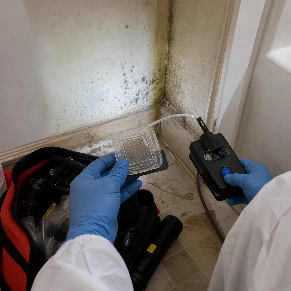 Professional performing a mold air quality test in a residential home