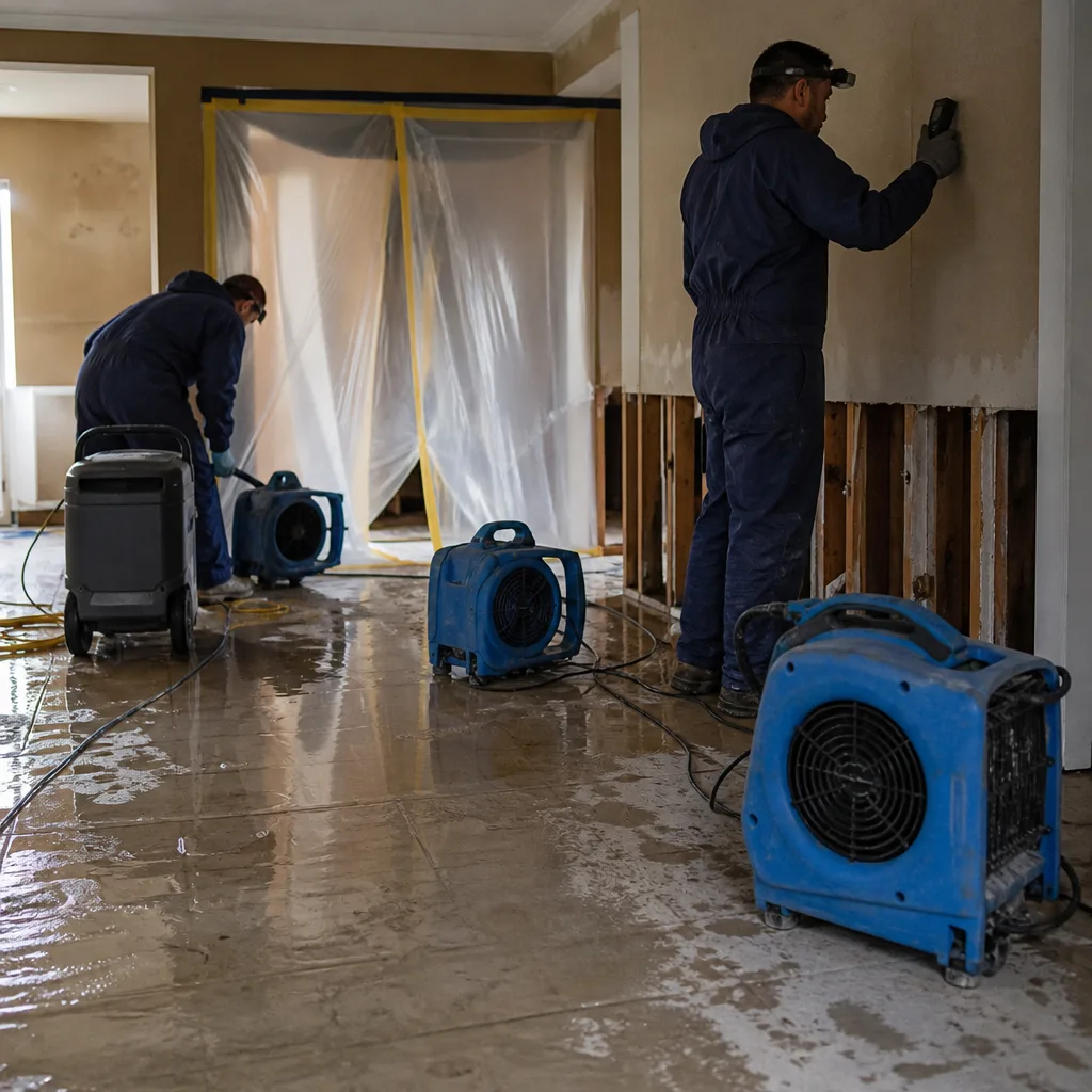 Water damage restoration technicians using professional equipment in a flooded home
