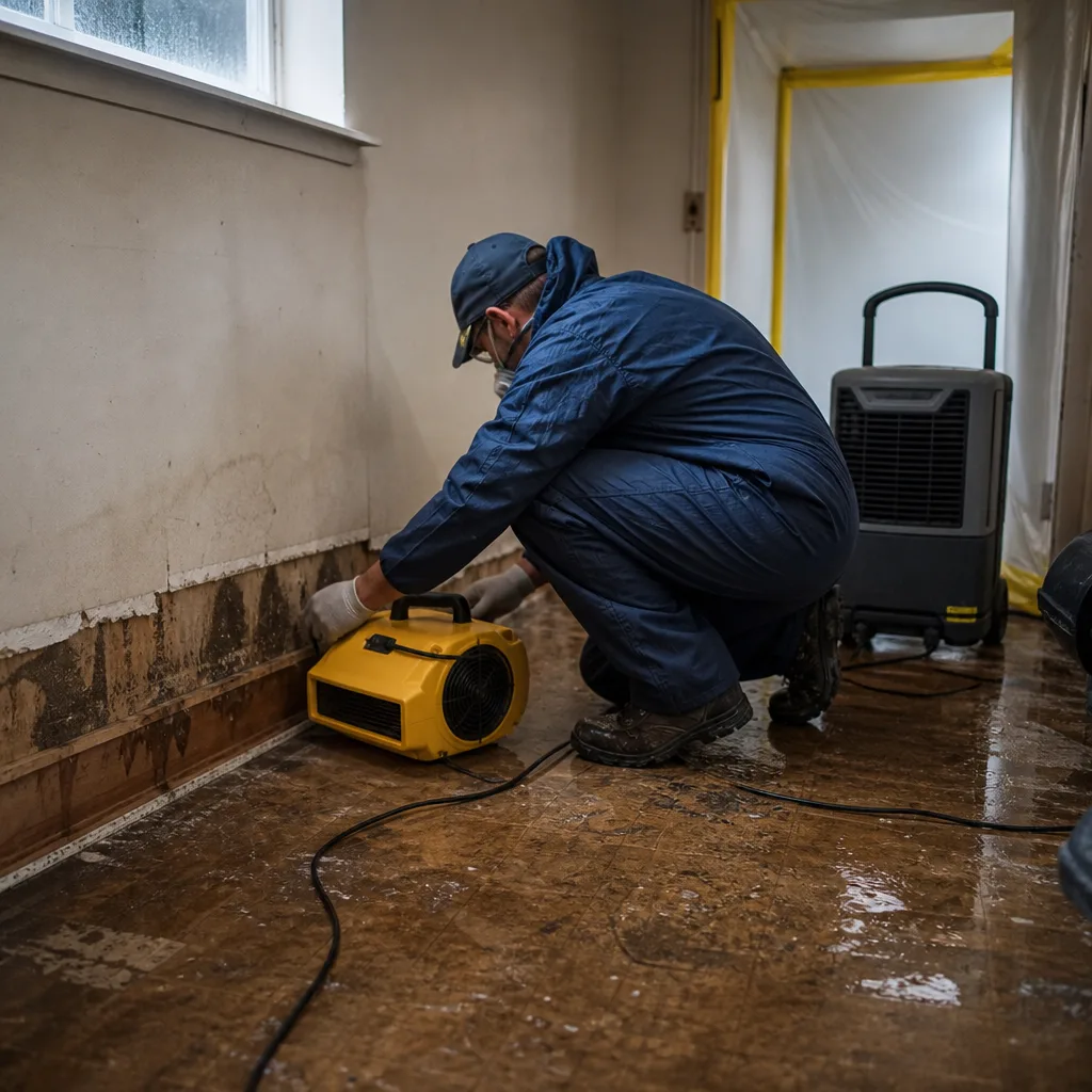 Technician using industrial drying equipment for professional water damage restoration services