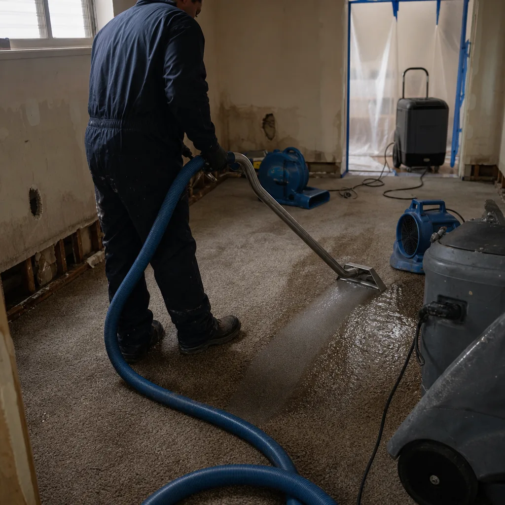 Water damage restoration professional using carpet extraction equipment